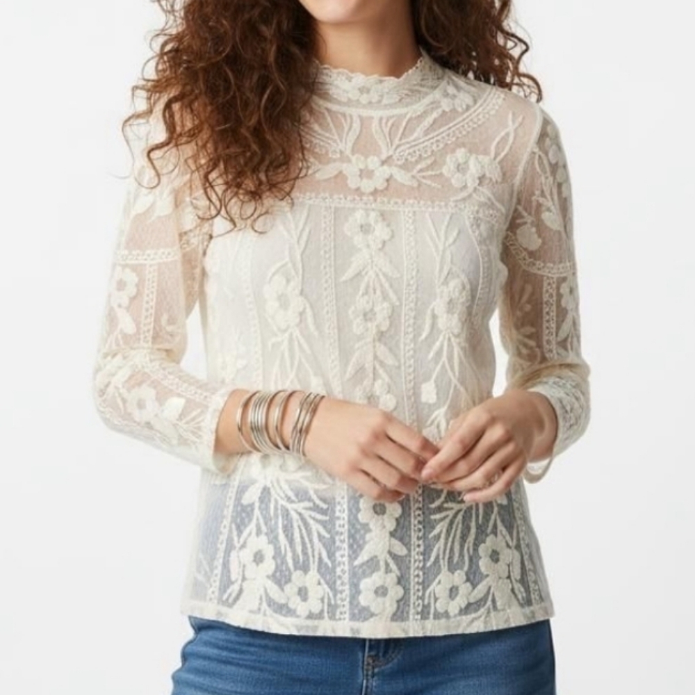 SUNDANCE Sheer Embroidered High Neck Boho Festival Lace Stretchy Cream Small
